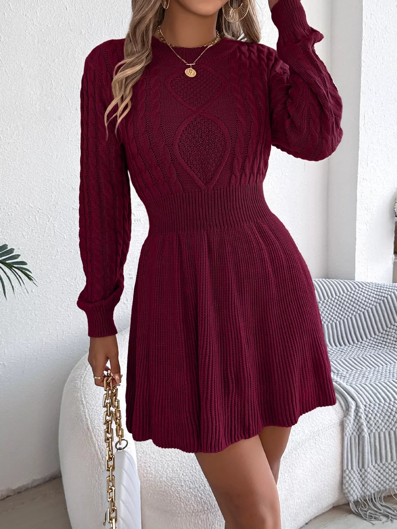 Cable Knit Long Sleeve Sweater Dress - MAD RUFFI