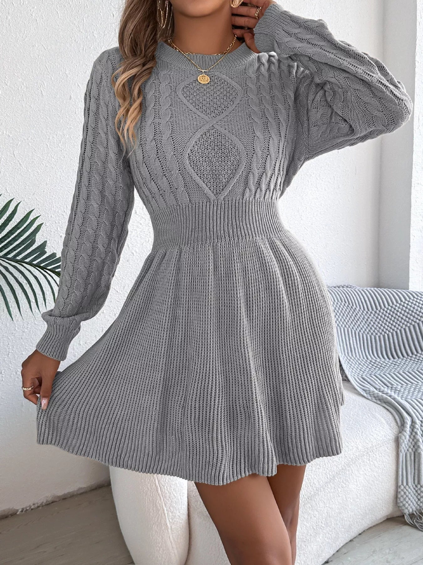 Cable Knit Long Sleeve Sweater Dress - MAD RUFFI