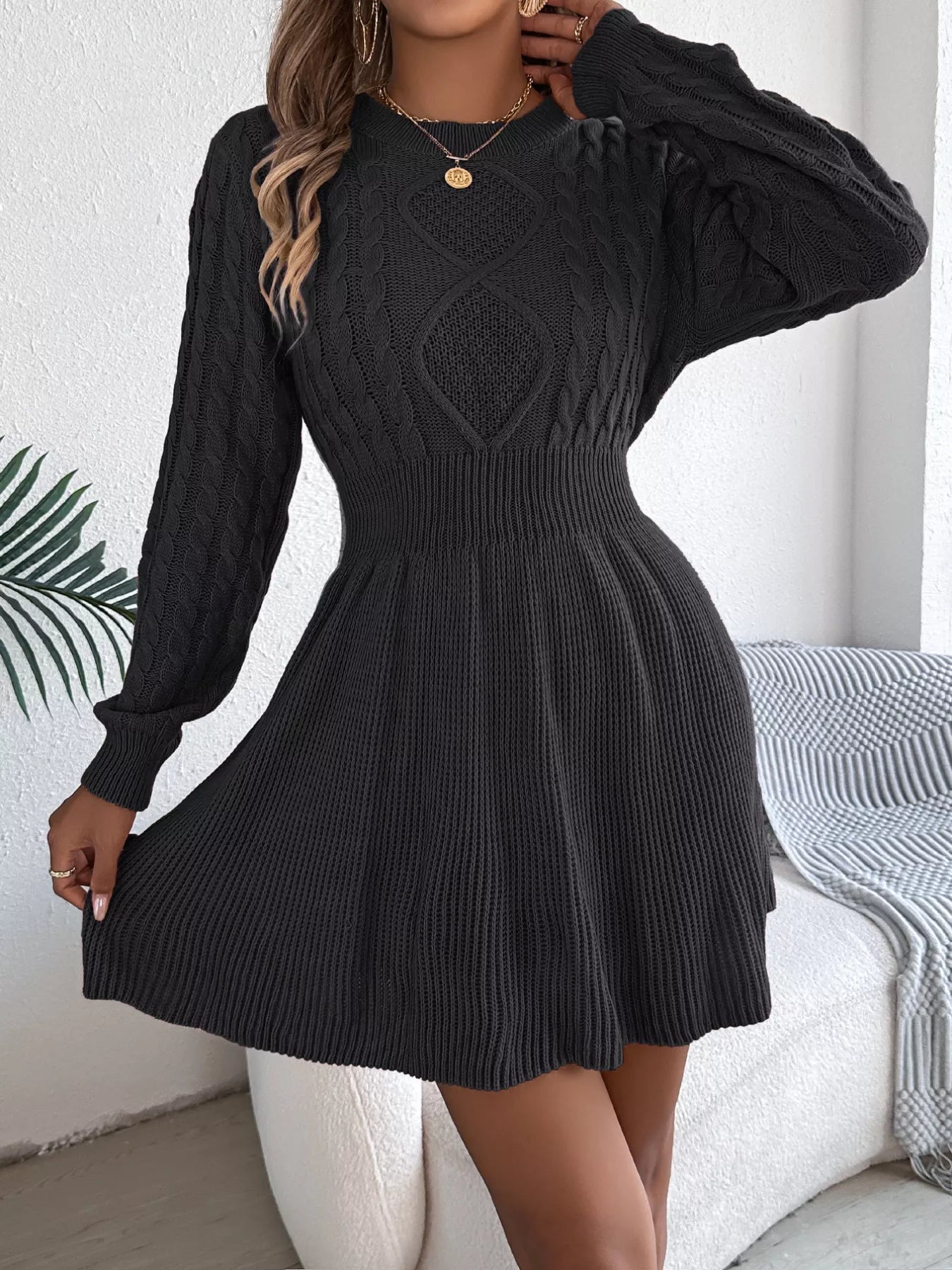 Cable Knit Long Sleeve Sweater Dress - MAD RUFFI