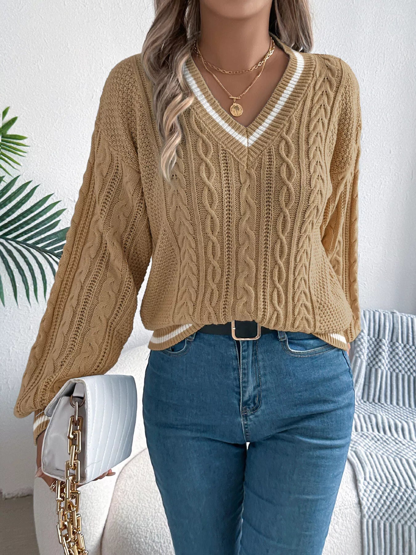Cable Knit V - Neck Long Sleeve Sweater - MAD RUFFI
