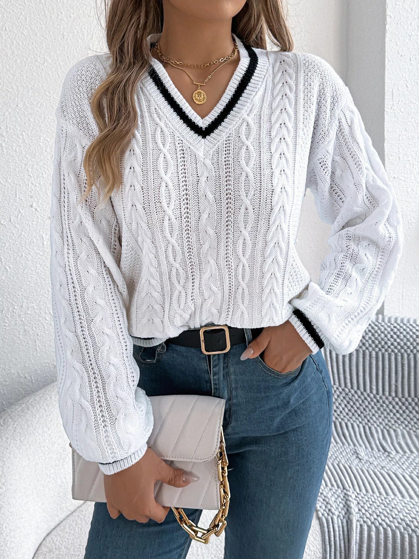Cable Knit V - Neck Long Sleeve Sweater - MAD RUFFI