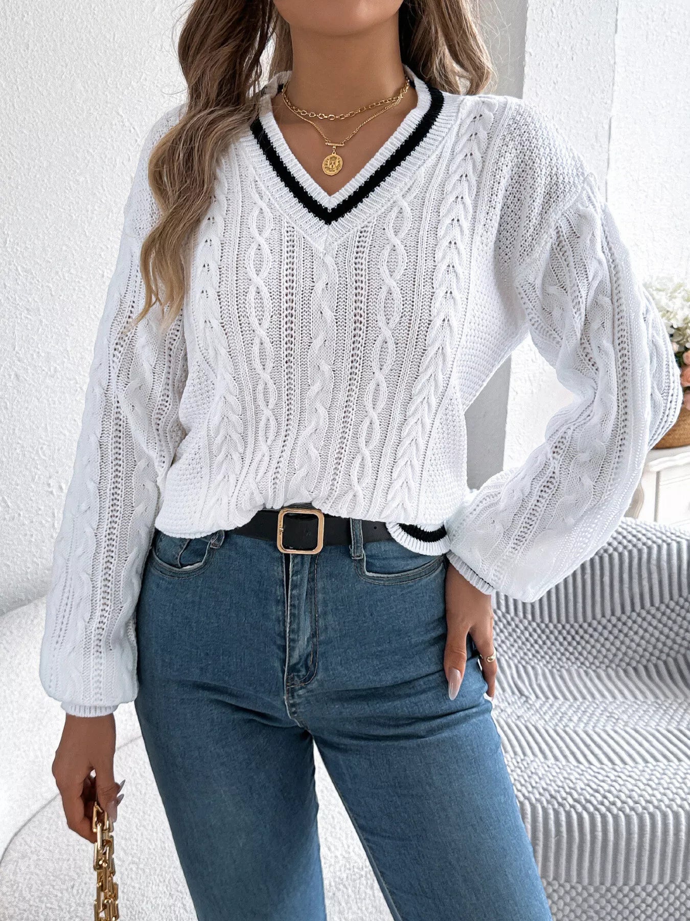 Cable Knit V - Neck Long Sleeve Sweater - MAD RUFFI