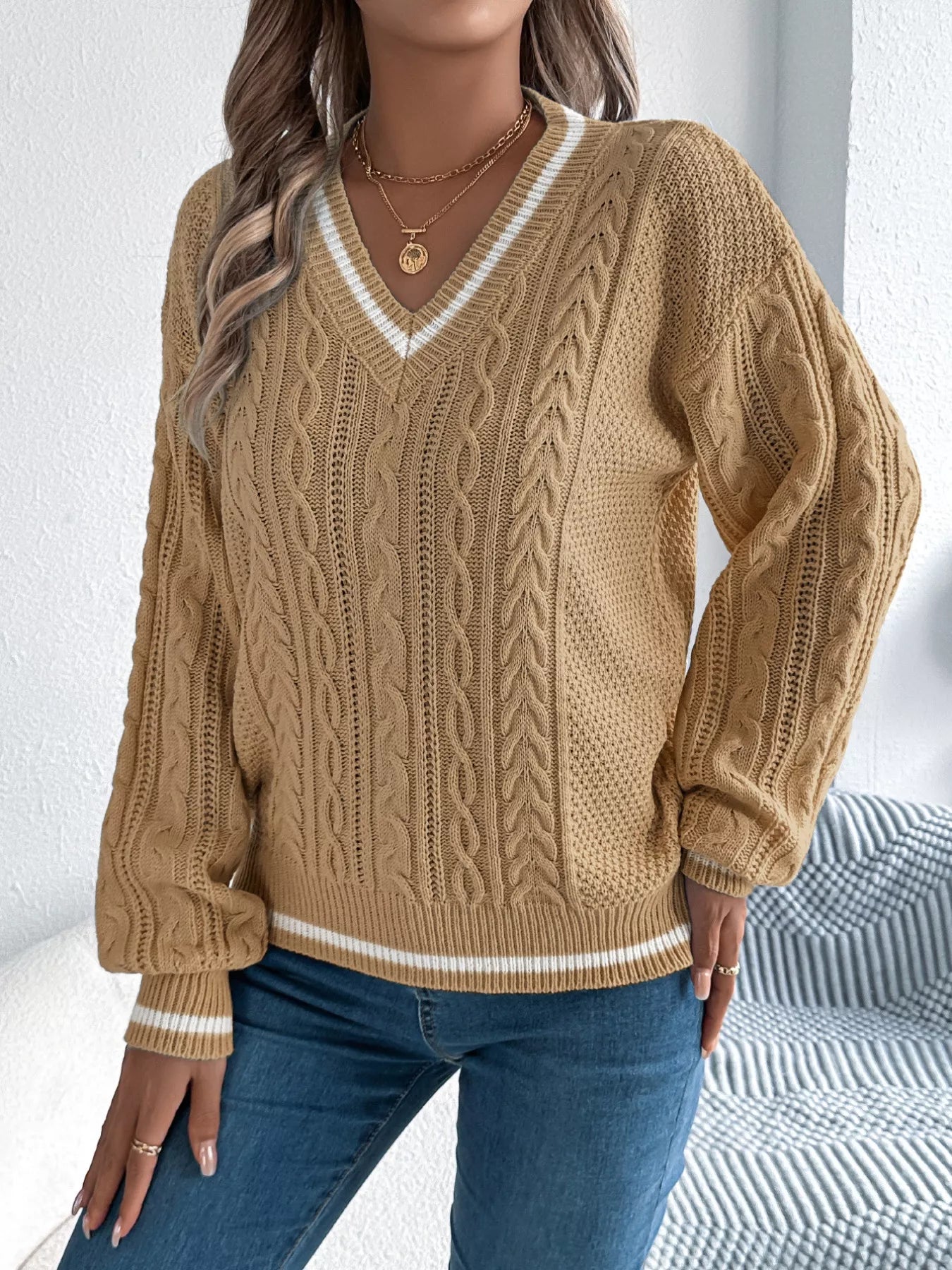 Cable Knit V - Neck Long Sleeve Sweater - MAD RUFFI