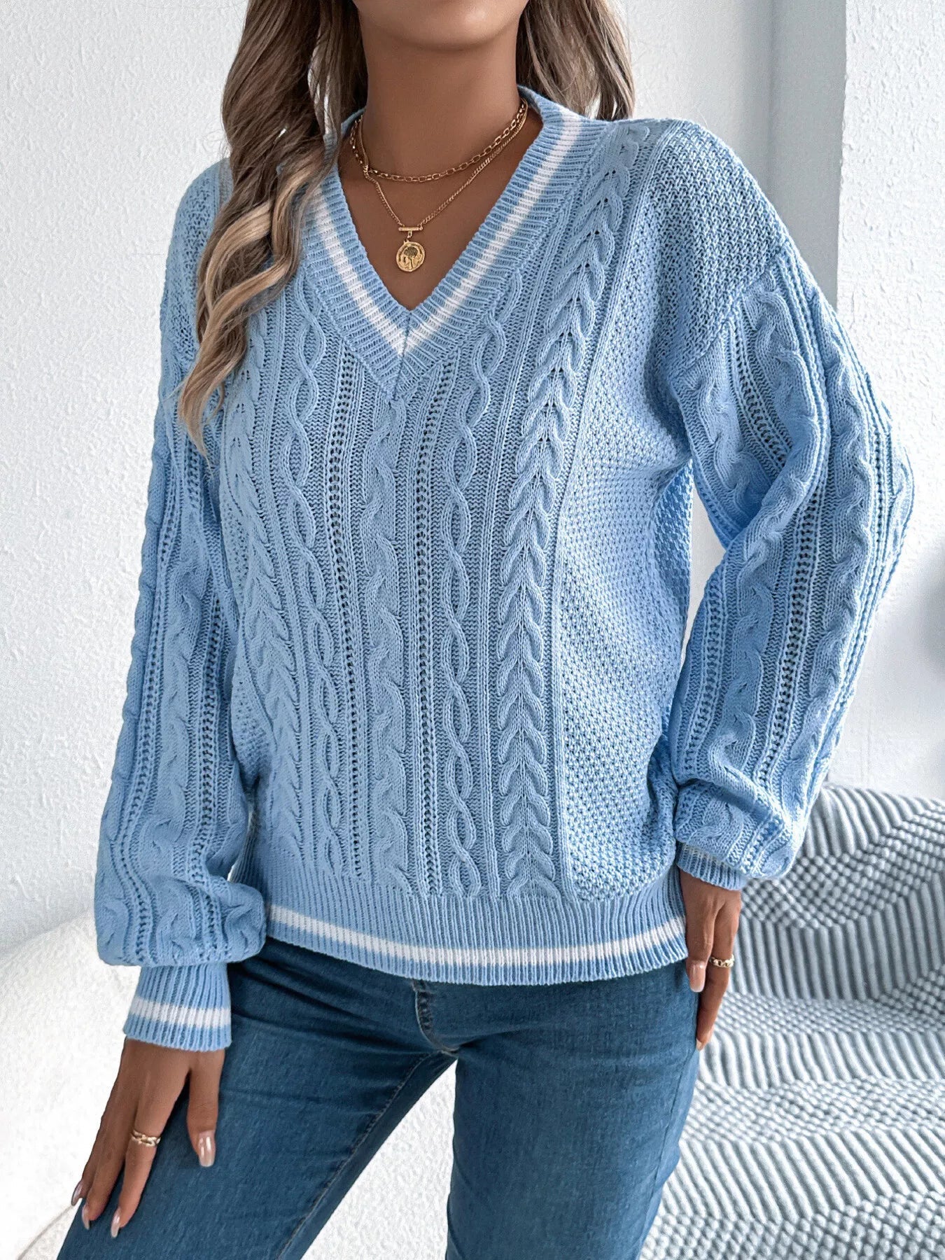 Cable Knit V - Neck Long Sleeve Sweater - MAD RUFFI