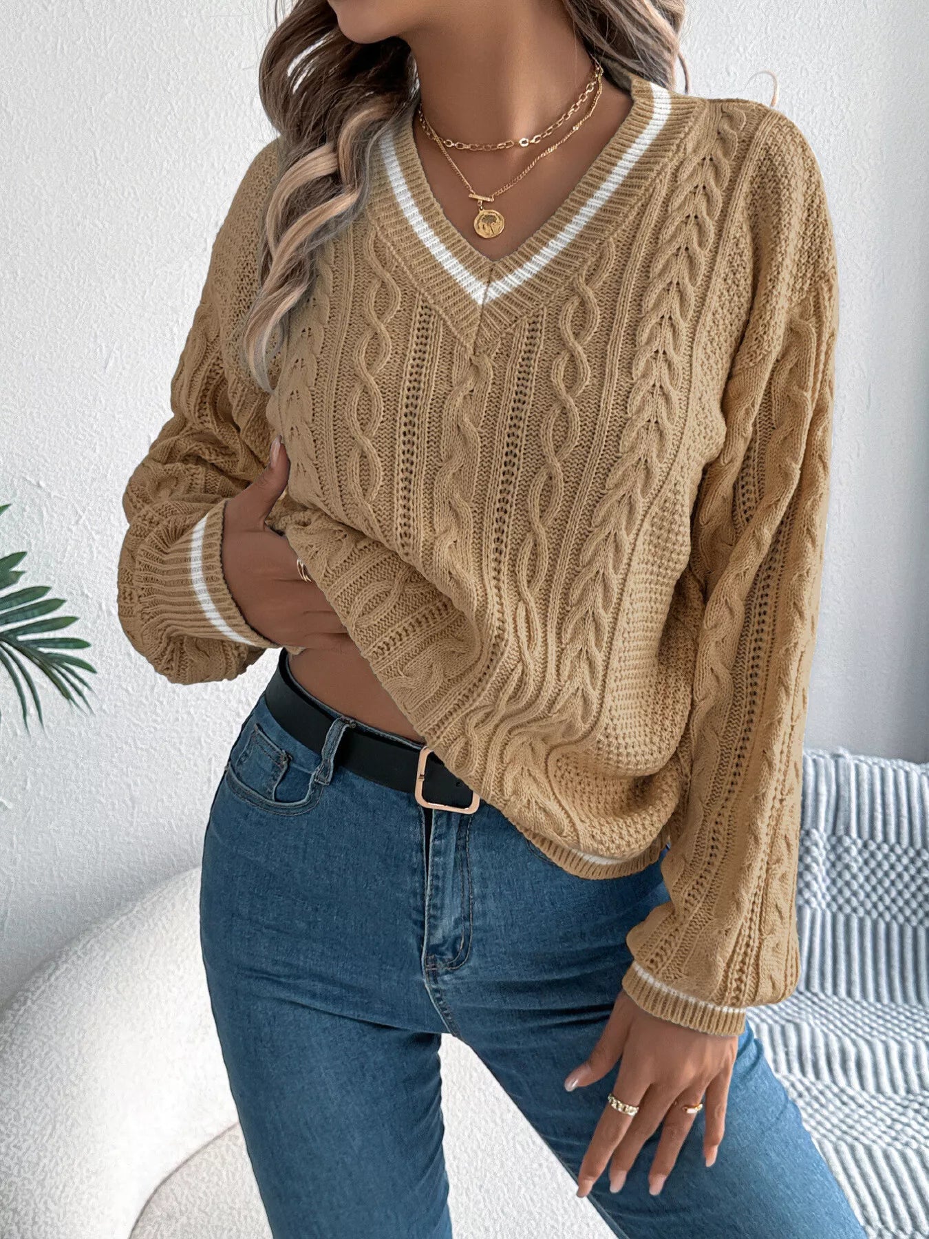Cable Knit V - Neck Long Sleeve Sweater - MAD RUFFI
