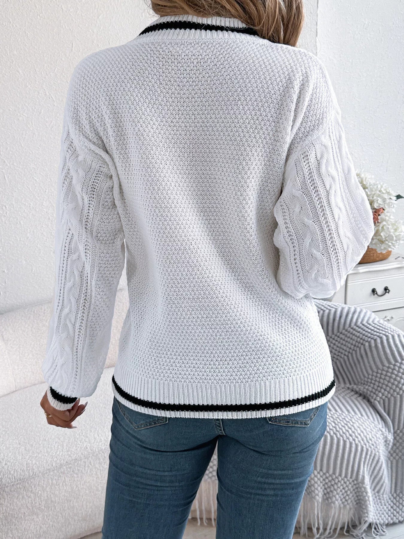 Cable Knit V - Neck Long Sleeve Sweater - MAD RUFFI
