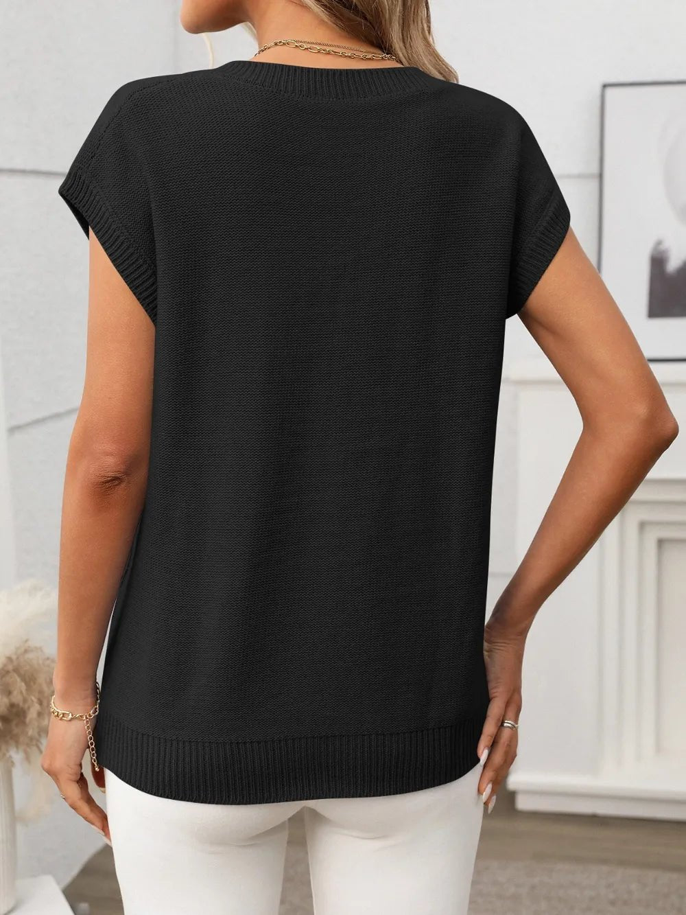 Cable - Knit V - Neck Short Sleeve Knit Top - MAD RUFFI