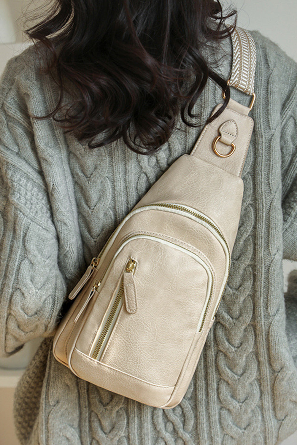 Sac cross-body zippé en cuir PU vintage beige