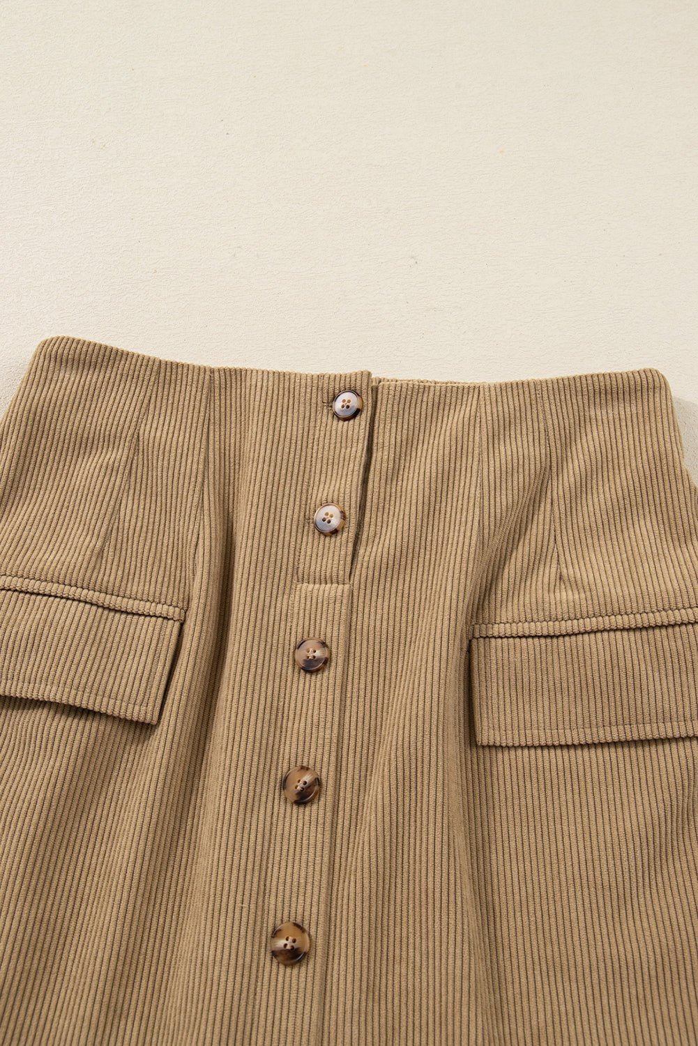 Camel Corduroy Buttoned Front Faux Pockets Mini Skirt - MAD RUFFI