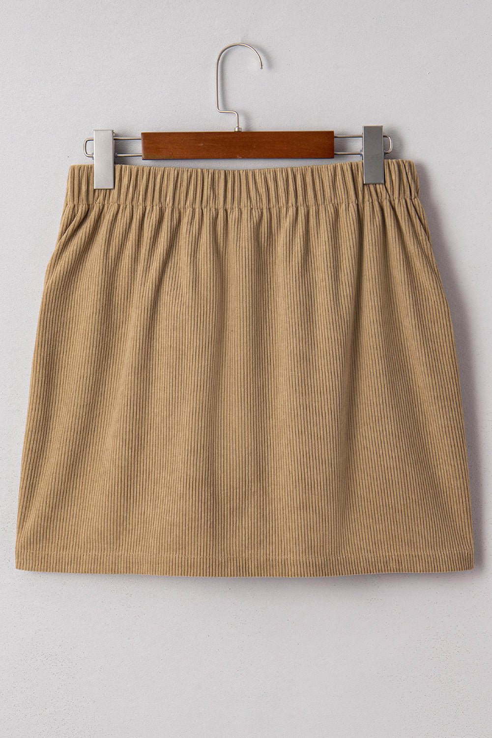 Camel Corduroy Buttoned Front Faux Pockets Mini Skirt - MAD RUFFI