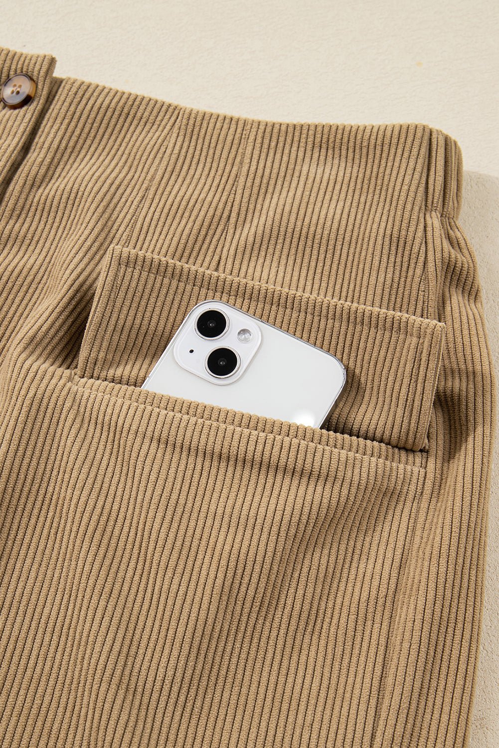 Camel Corduroy Buttoned Front Faux Pockets Mini Skirt - MAD RUFFI