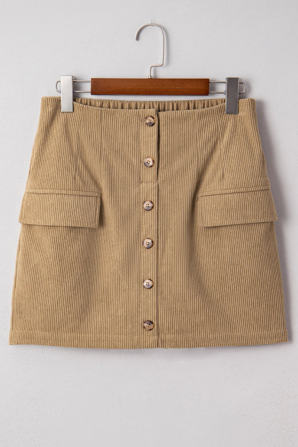 Camel Corduroy Buttoned Front Faux Pockets Mini Skirt - MAD RUFFI