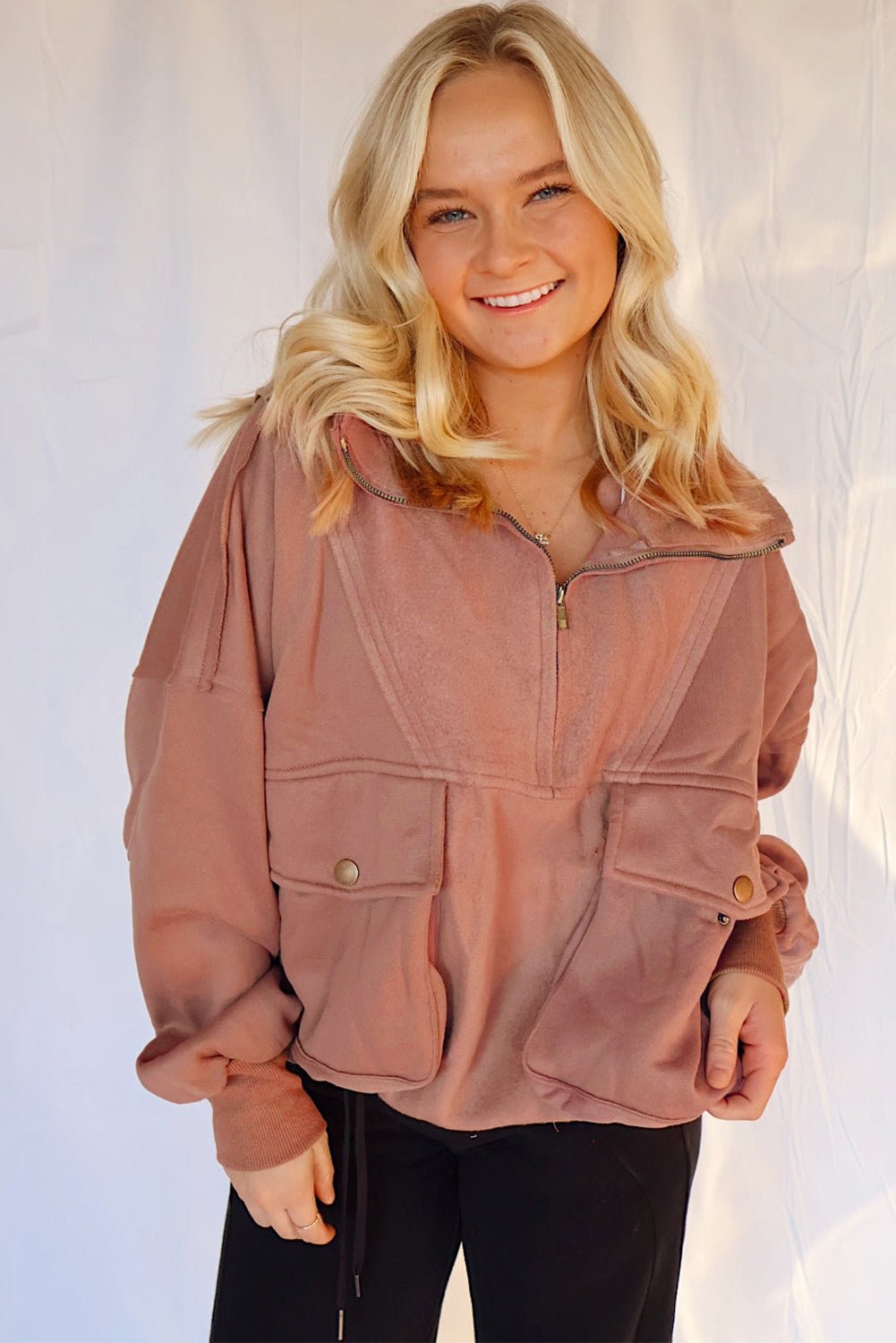 Camel Exposed Seam Side Pockets Half Zipper Baggy Sweatshirt - MAD RUFFI