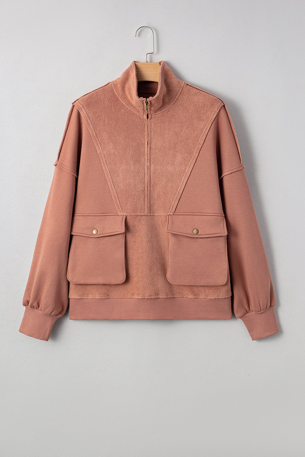 Camel Exposed Seam Side Pockets Half Zipper Baggy Sweatshirt - MAD RUFFI