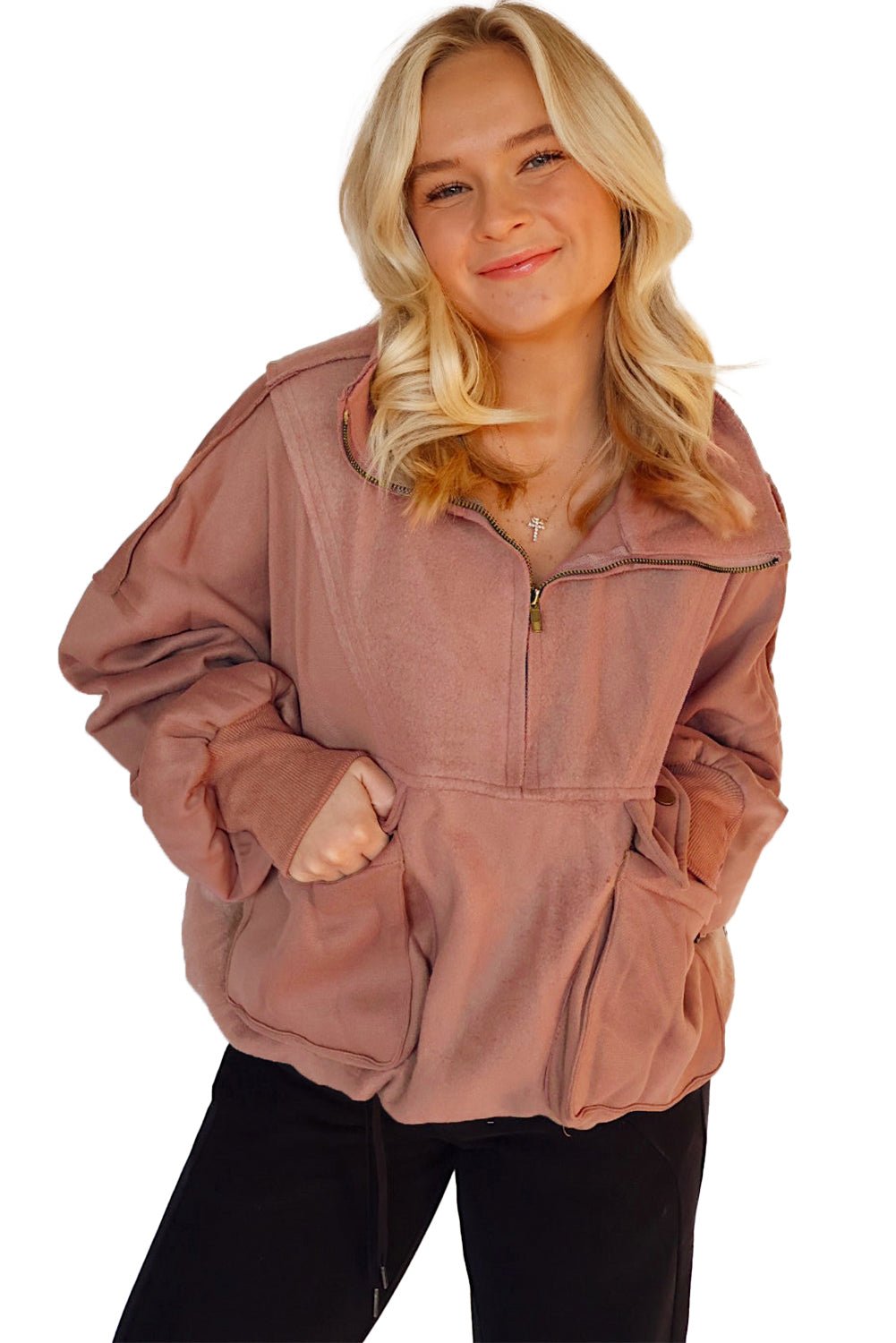 Camel Exposed Seam Side Pockets Half Zipper Baggy Sweatshirt - MAD RUFFI