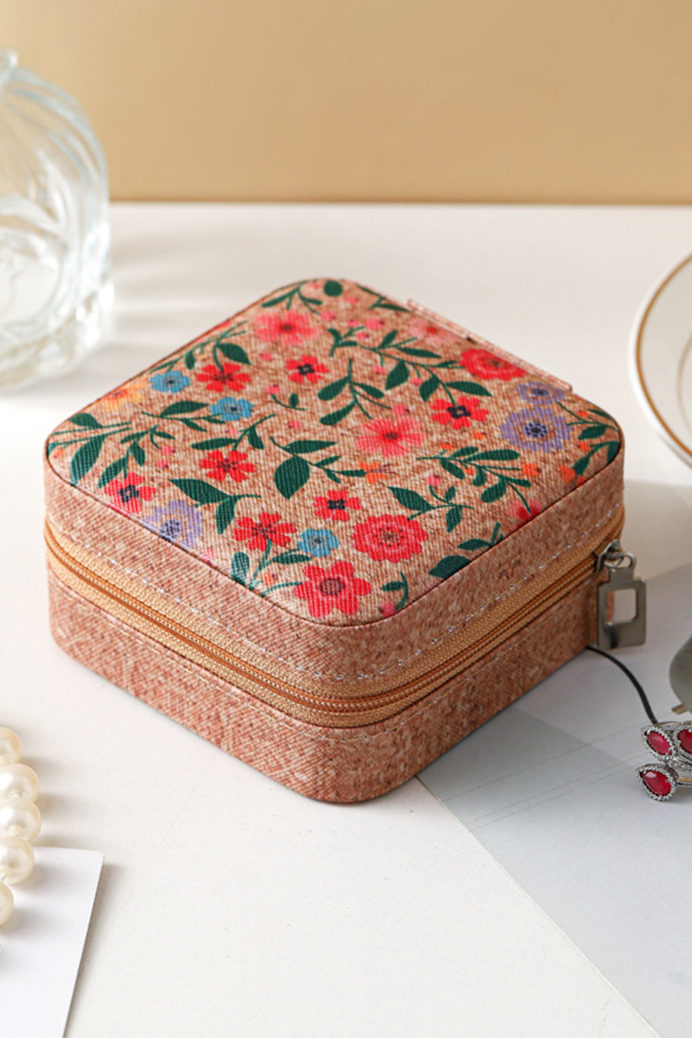 Camel Retro Floral Print Portable Square Jewelry Box - MAD RUFFI