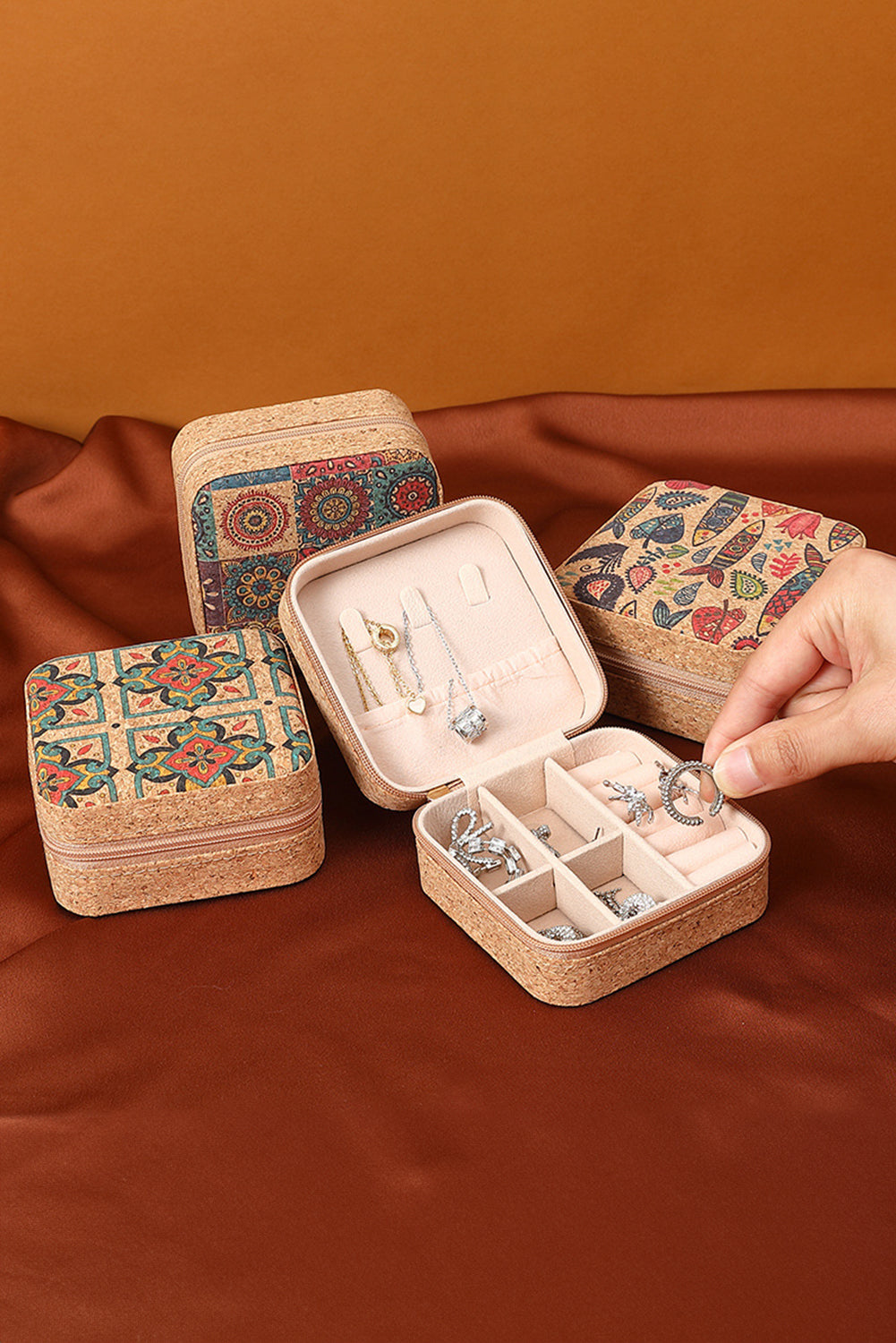 Camel Retro Floral Print Portable Square Jewelry Box - MAD RUFFI