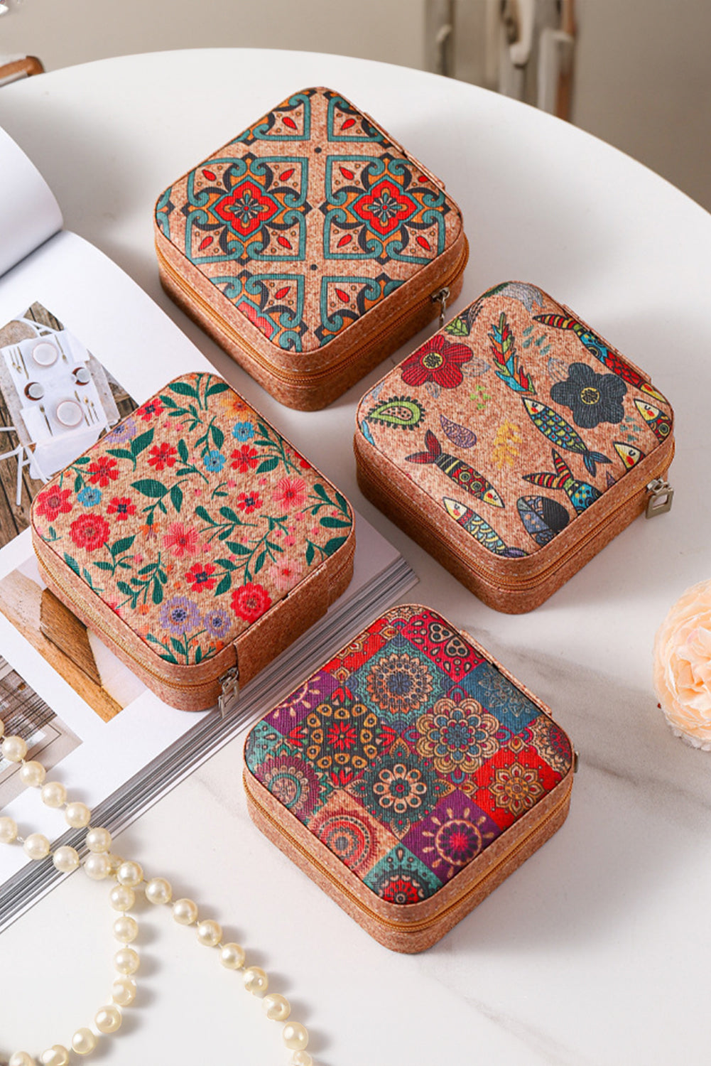 Camel Retro Floral Print Portable Square Jewelry Box - MAD RUFFI