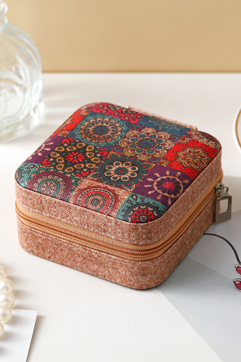 Camel Retro Floral Print Portable Square Jewelry Box - MAD RUFFI