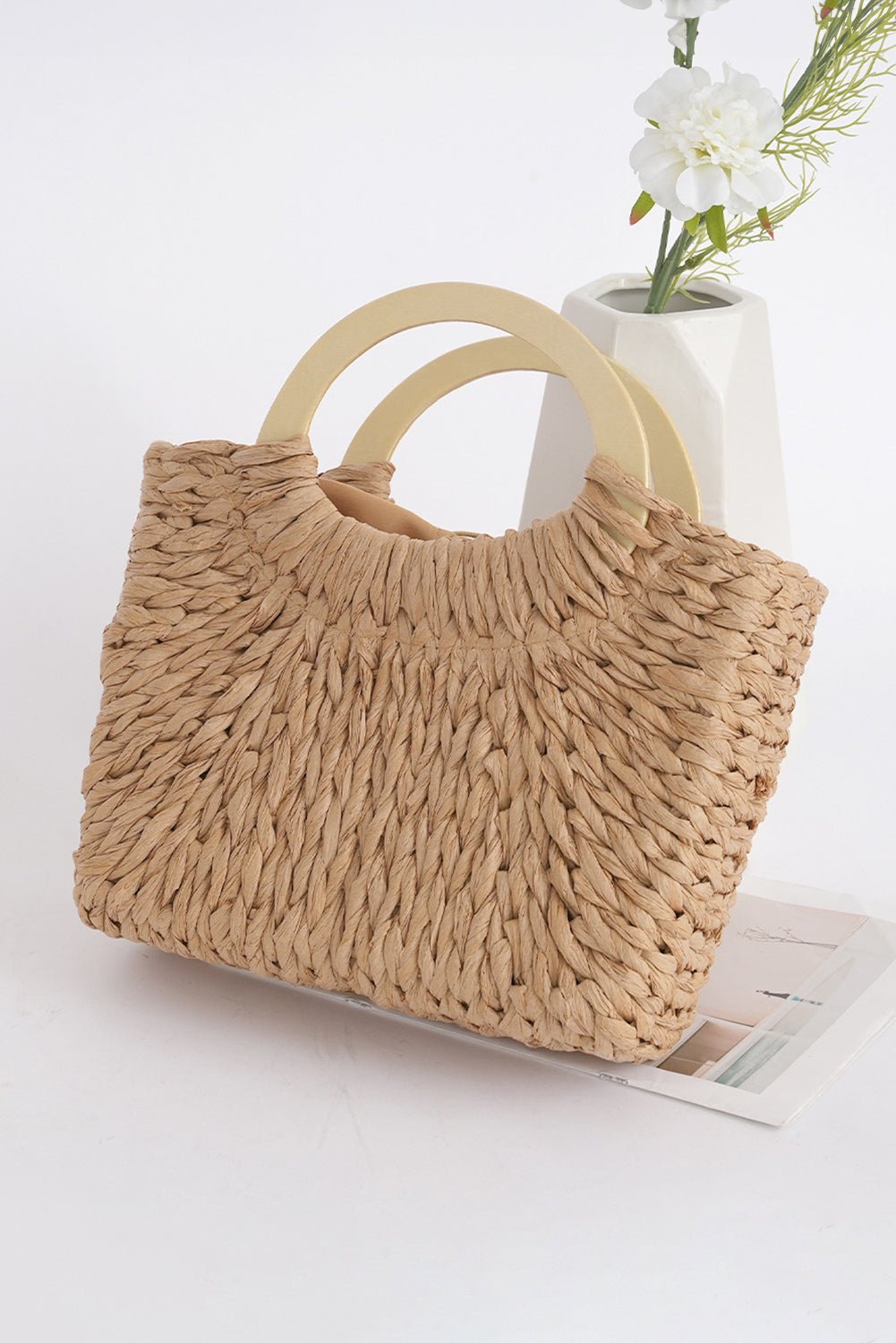 Camel Retro Straw Woven Tote Bag - MAD RUFFI