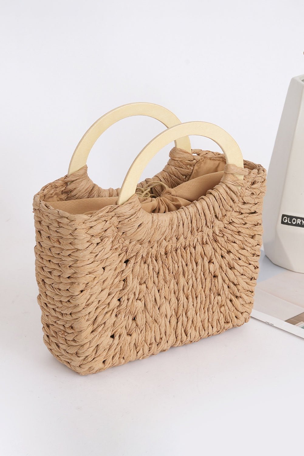 Camel Retro Straw Woven Tote Bag - MAD RUFFI