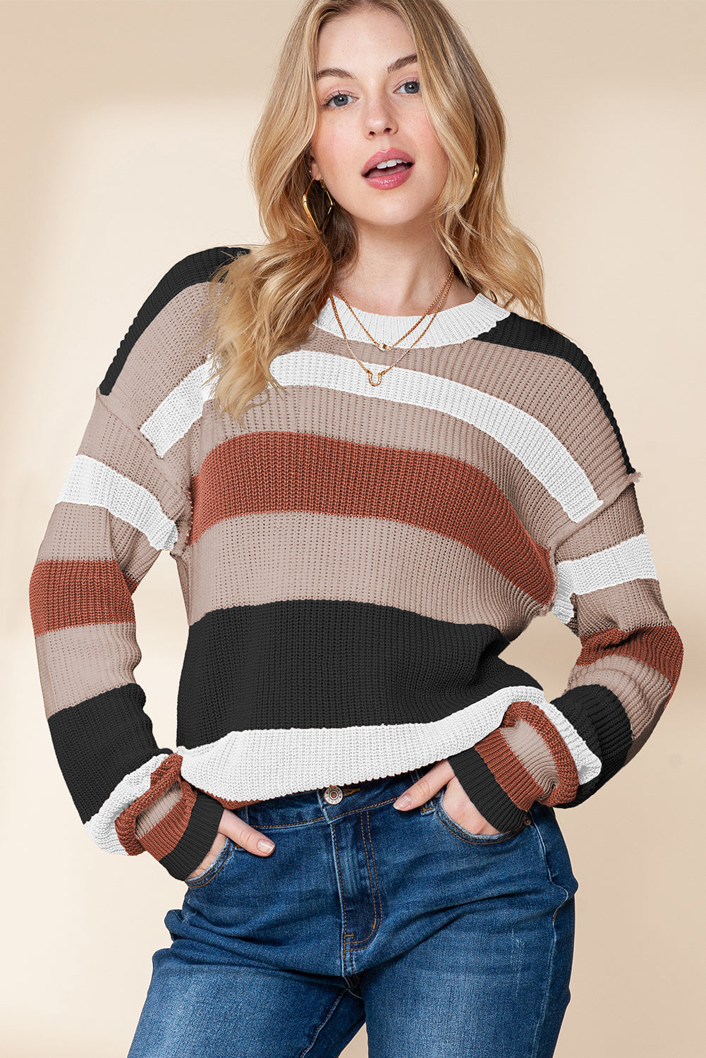 Camel Ribbed Round Neck Color Block Knitted Sweater - MAD RUFFI