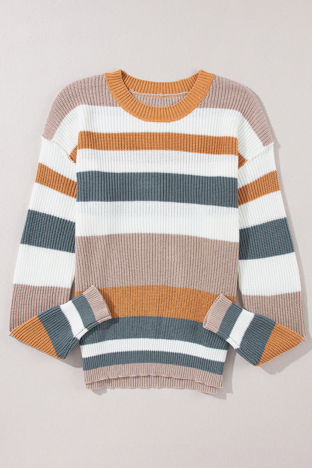 Camel Ribbed Round Neck Color Block Knitted Sweater - MAD RUFFI