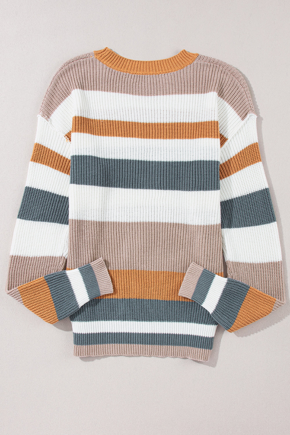 Camel Ribbed Round Neck Color Block Knitted Sweater - MAD RUFFI