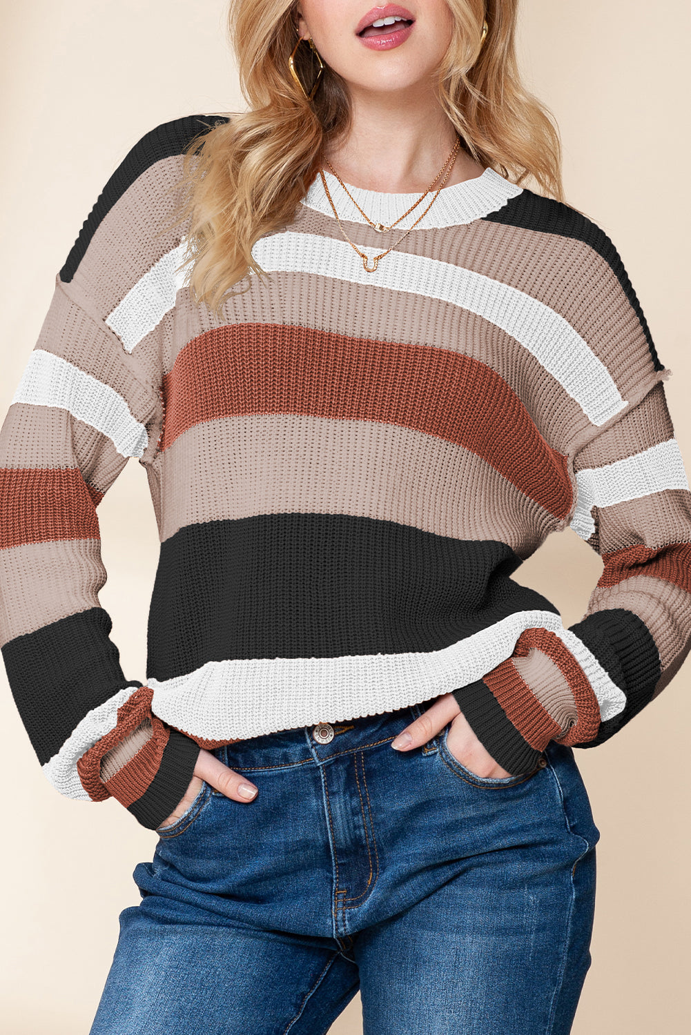 Camel Ribbed Round Neck Color Block Knitted Sweater - MAD RUFFI