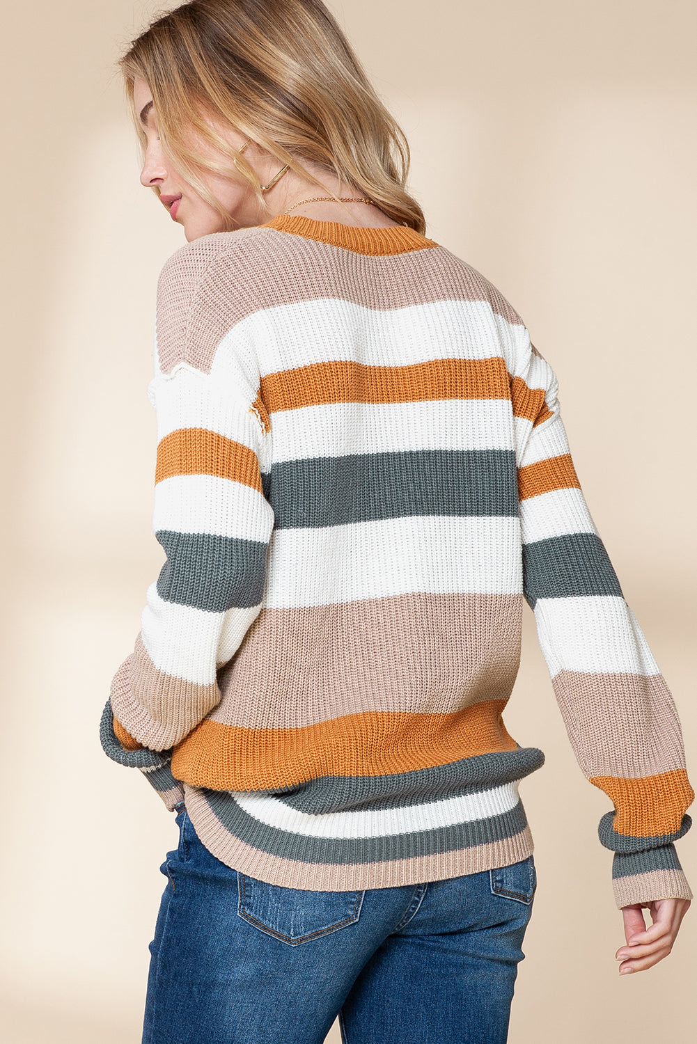 Camel Ribbed Round Neck Color Block Knitted Sweater - MAD RUFFI