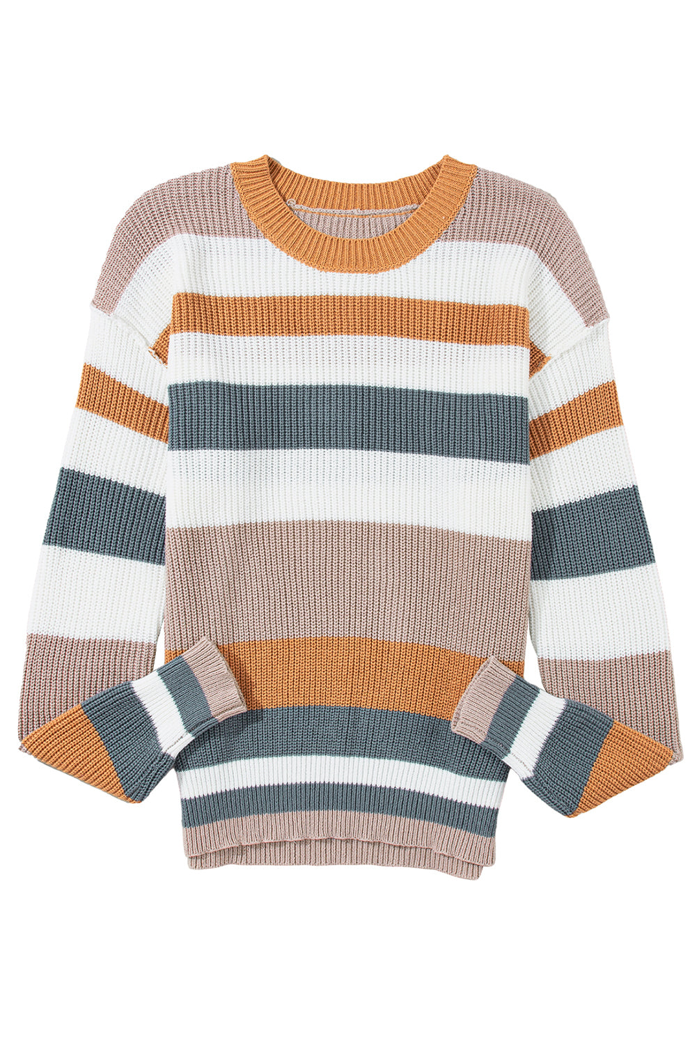 Camel Ribbed Round Neck Color Block Knitted Sweater - MAD RUFFI