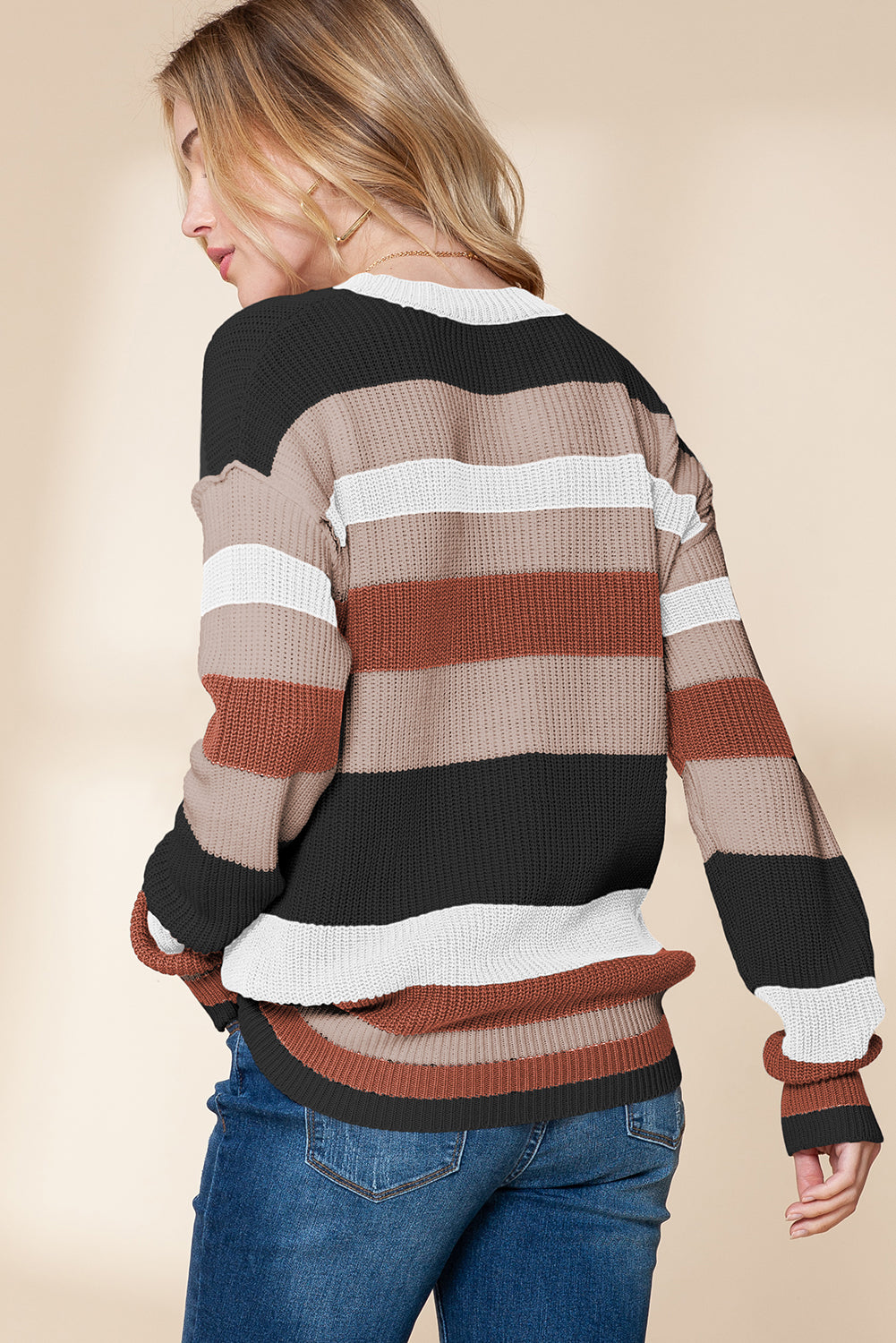 Camel Ribbed Round Neck Color Block Knitted Sweater - MAD RUFFI