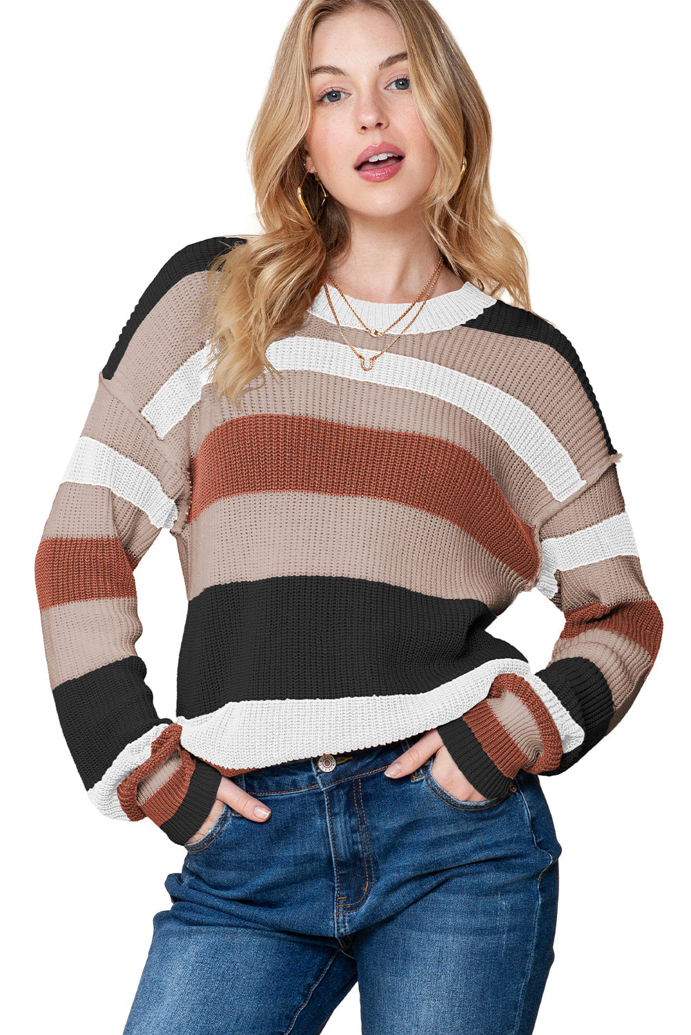 Camel Ribbed Round Neck Color Block Knitted Sweater - MAD RUFFI