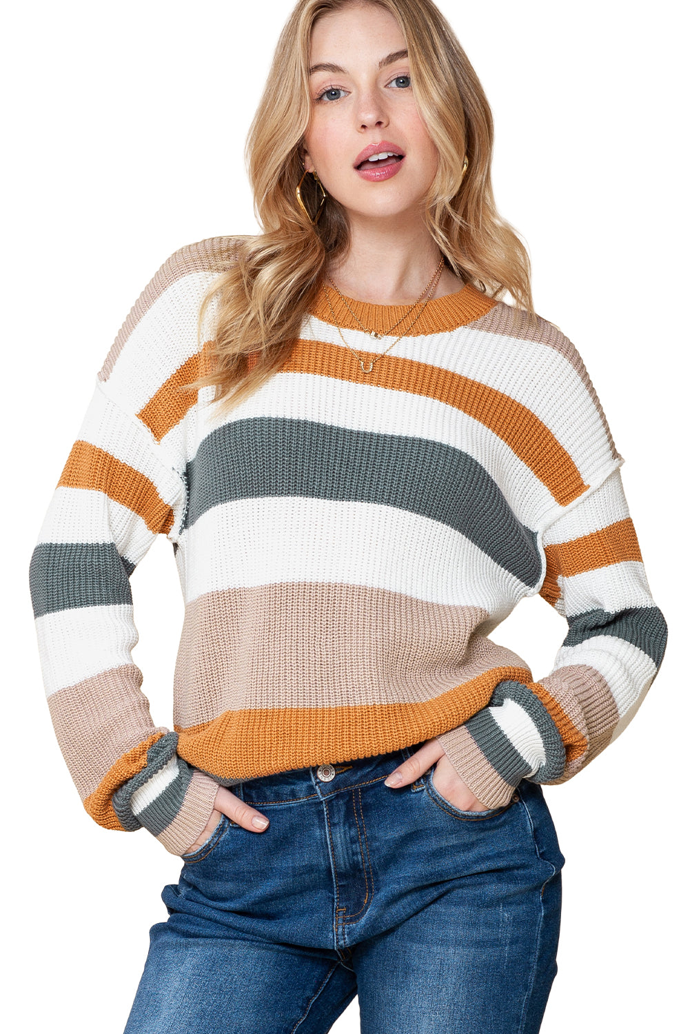 Camel Ribbed Round Neck Color Block Knitted Sweater - MAD RUFFI