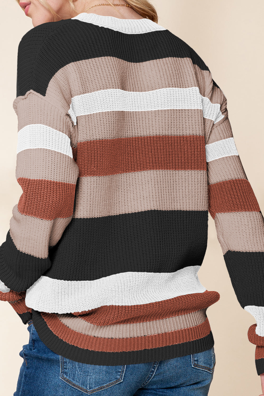 Camel Ribbed Round Neck Color Block Knitted Sweater - MAD RUFFI