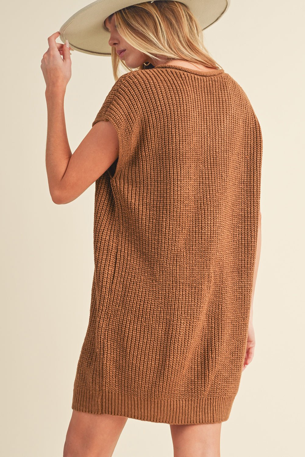 Camel V Neck Loose Fit Mini Knitted Dress - MAD RUFFI