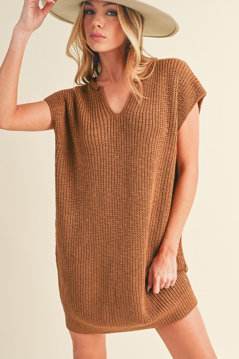 Camel V Neck Loose Fit Mini Knitted Dress - MAD RUFFI