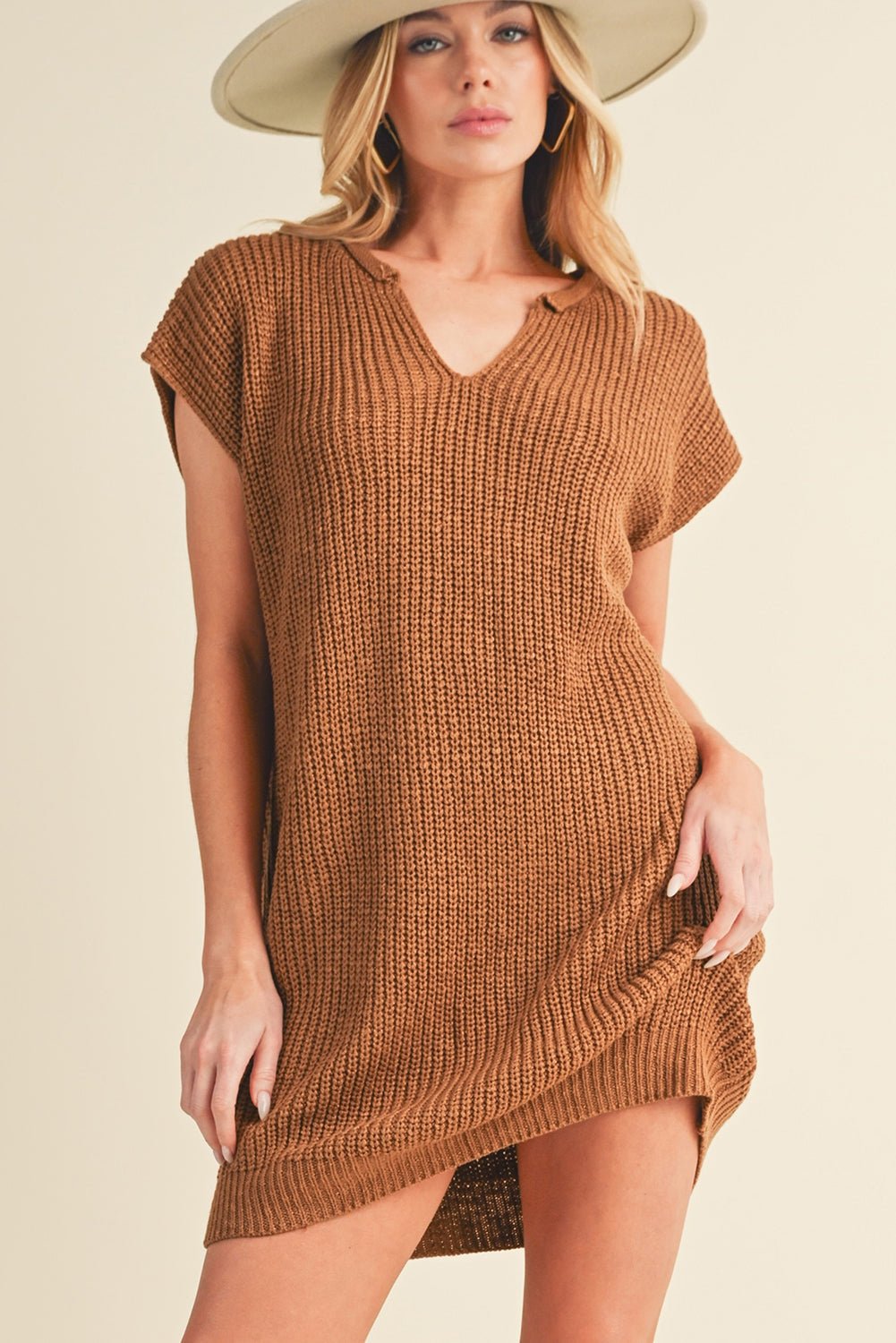 Camel V Neck Loose Fit Mini Knitted Dress - MAD RUFFI