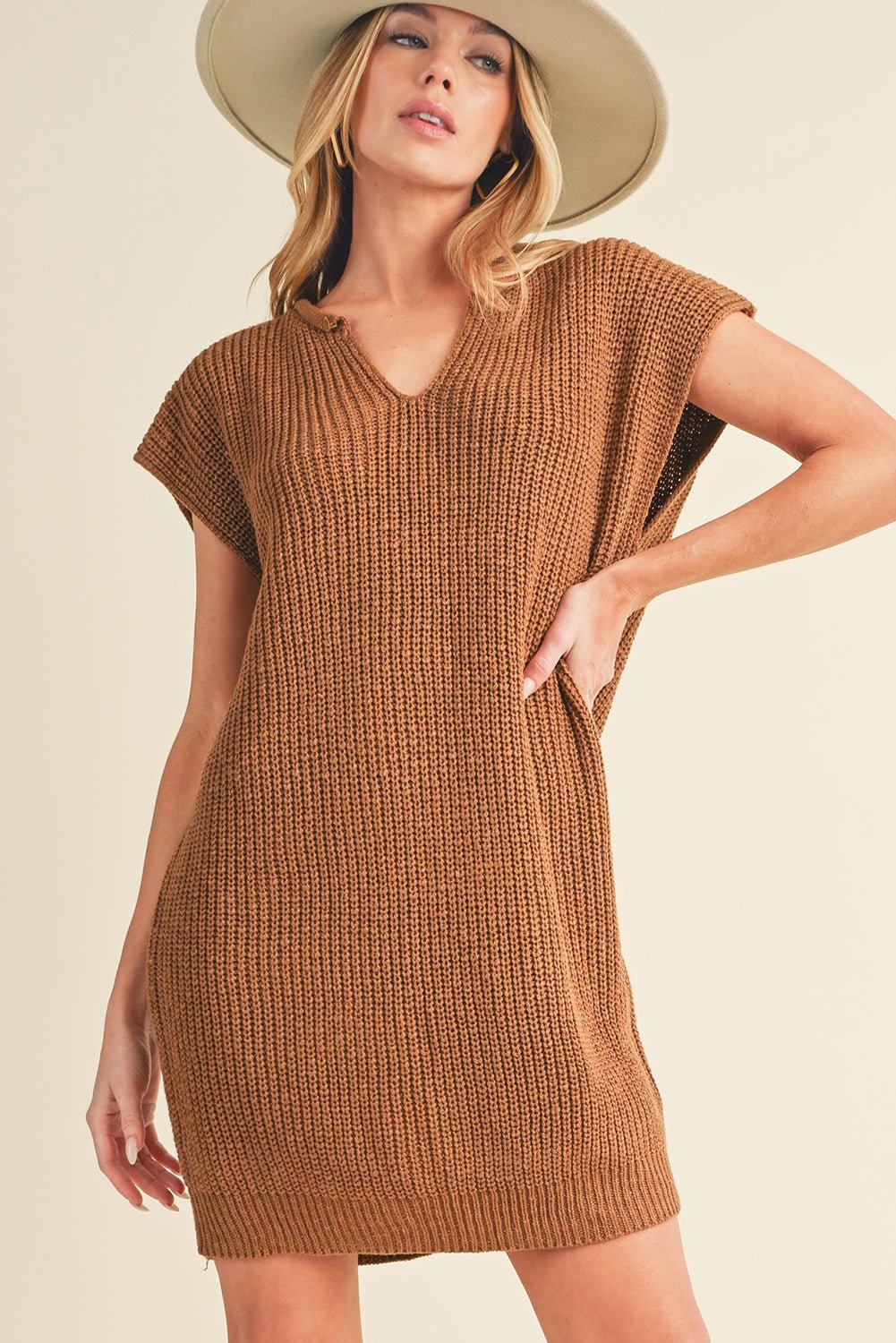 Camel V Neck Loose Fit Mini Knitted Dress - MAD RUFFI