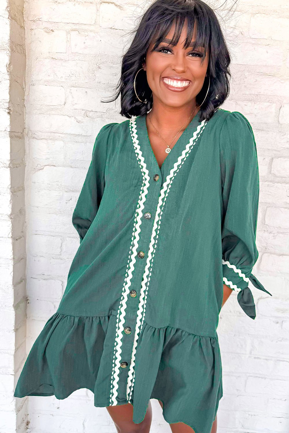 Canton Contrast Ricrac Trim Button V Neck Knotted Bracelet Sleeve Dress - MAD RUFFI