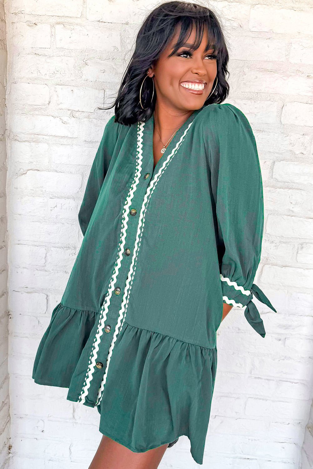 Canton Contrast Ricrac Trim Button V Neck Knotted Bracelet Sleeve Dress - MAD RUFFI