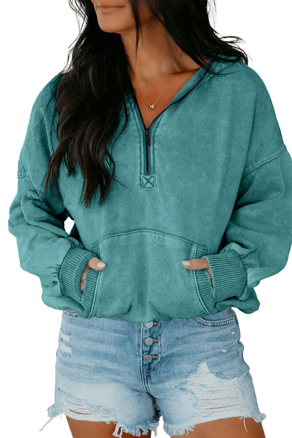 Canton Half Zip Kangaroo Pocket Mineral Wash Baggy Hoodie - MAD RUFFI