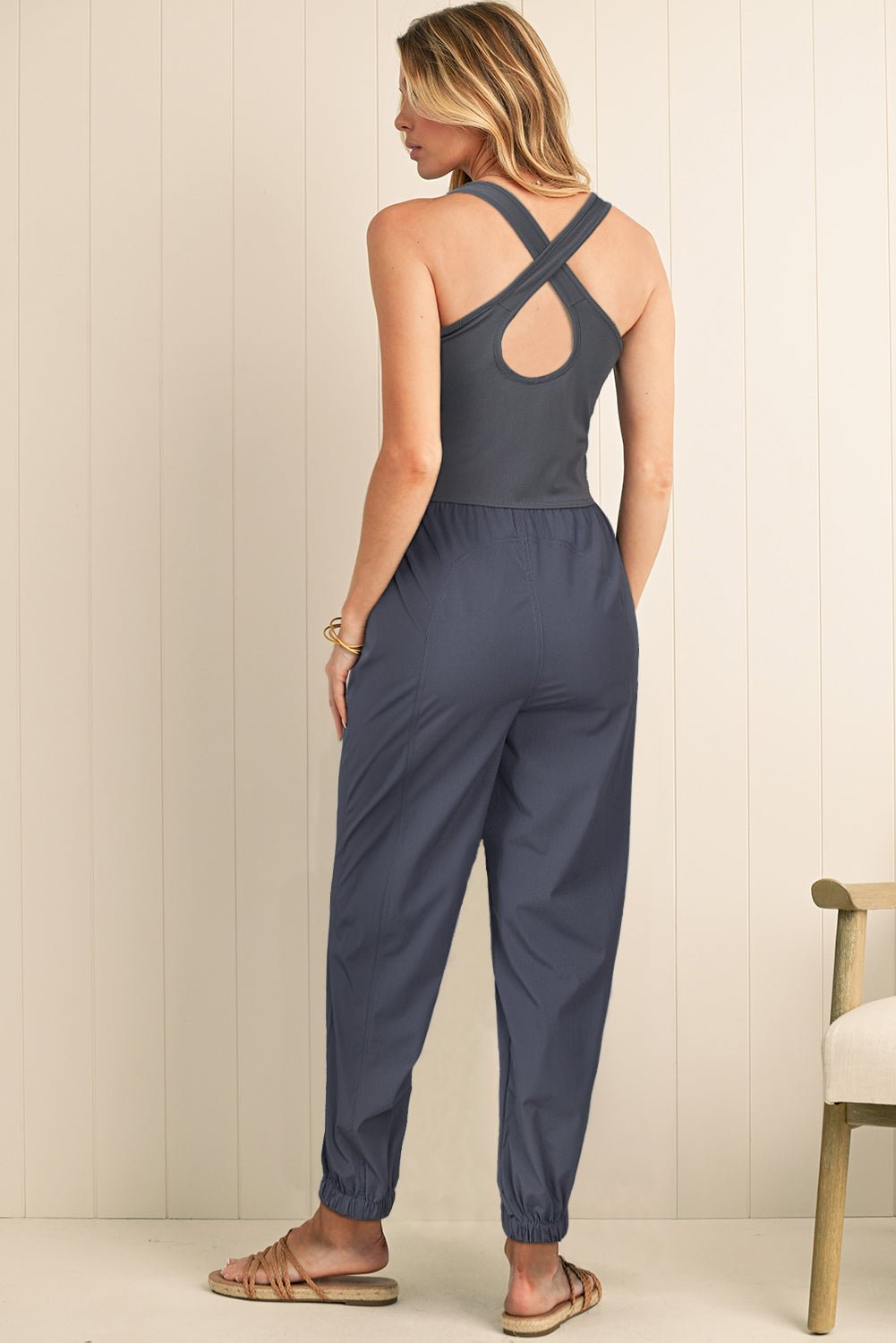 Carbon Grey Back Cross Strap Cut Out Jogger Jumpsuit - MAD RUFFI