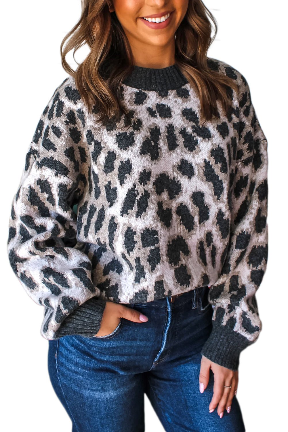 Carbon Grey Leopard Pattern Contrast Trim Round Neck Sweater - MAD RUFFI