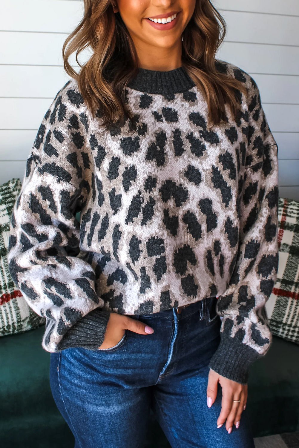Carbon Grey Leopard Pattern Contrast Trim Round Neck Sweater - MAD RUFFI