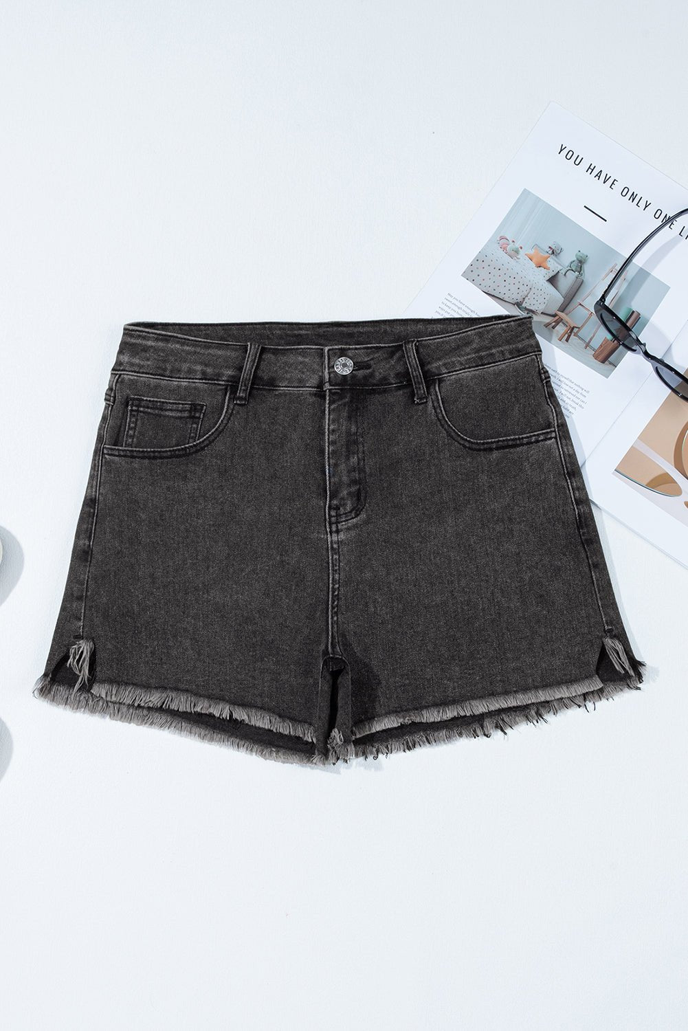 carbon grey raw hem high waist denim shorts - MAD RUFFI