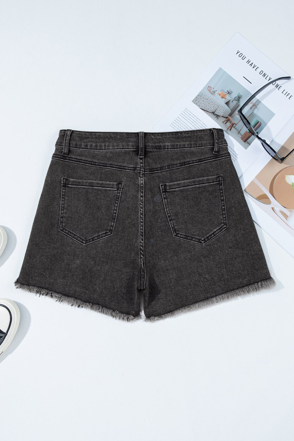 carbon grey raw hem high waist denim shorts - MAD RUFFI