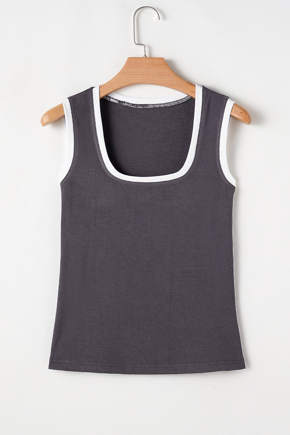 Carbon Grey Ribbed Knit Contrast Edge U Neck Slim Fit Tank Top - MAD RUFFI