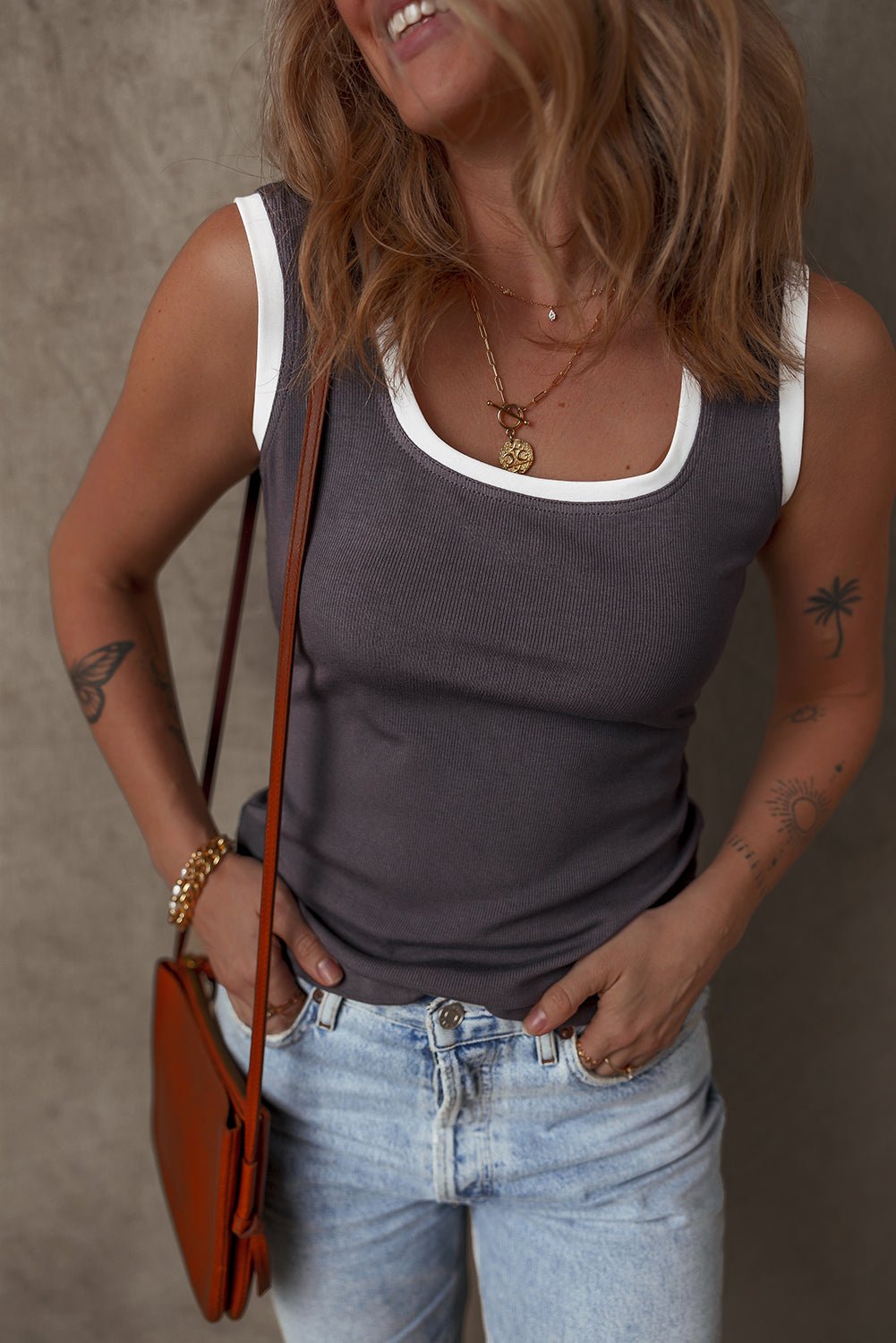 Carbon Grey Ribbed Knit Contrast Edge U Neck Slim Fit Tank Top - MAD RUFFI