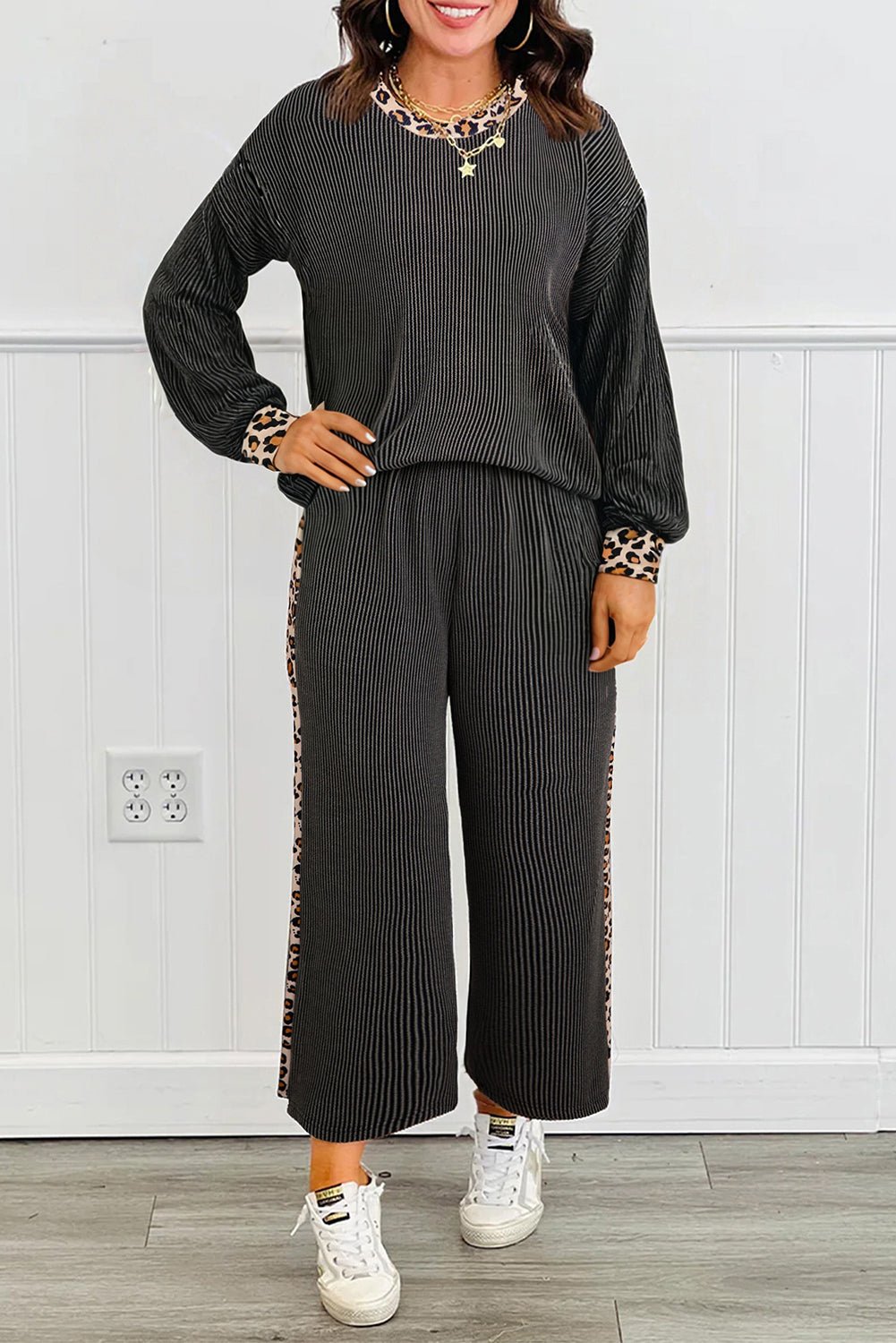 Carbon Grey Twisted Rib Leopard Patchwork Detail 2pcs Pants Set - MAD RUFFI